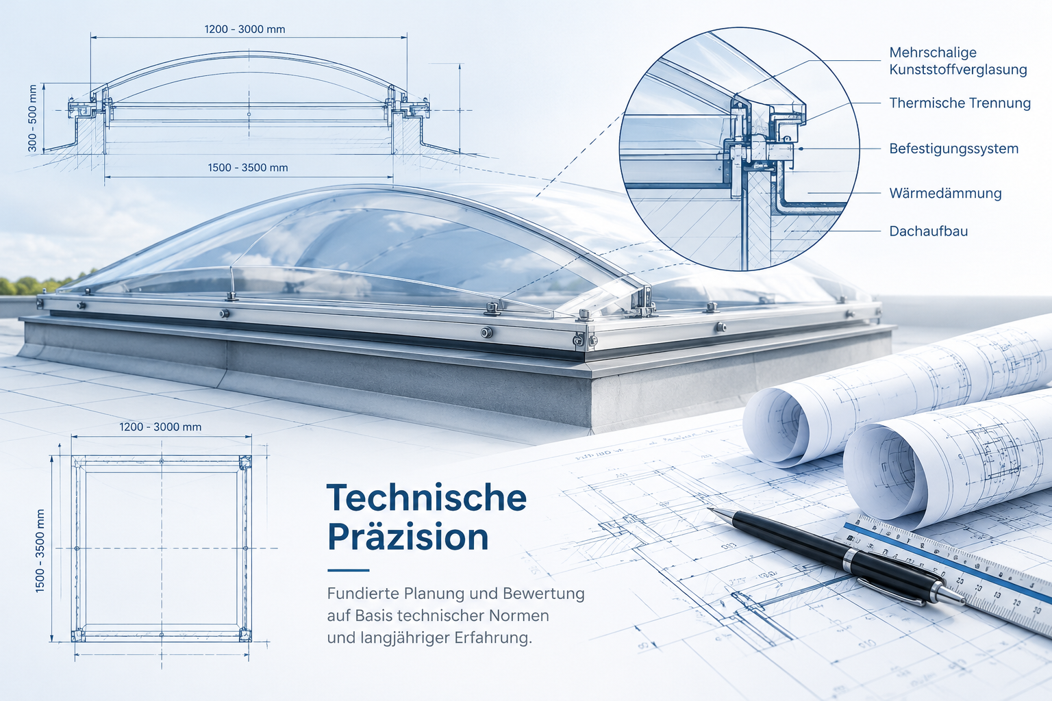 Technische Präzision: technische Illustration einer Lichtkuppel mit Konstruktionsdetails, Schnitten und Maßangaben